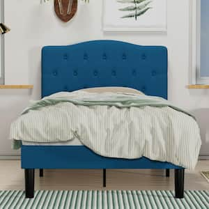 Bed Frame with Button, Blue Wood Frame Slat Support Easy Assembly - Twin Platform Bed Frame With Upholstered Headboard