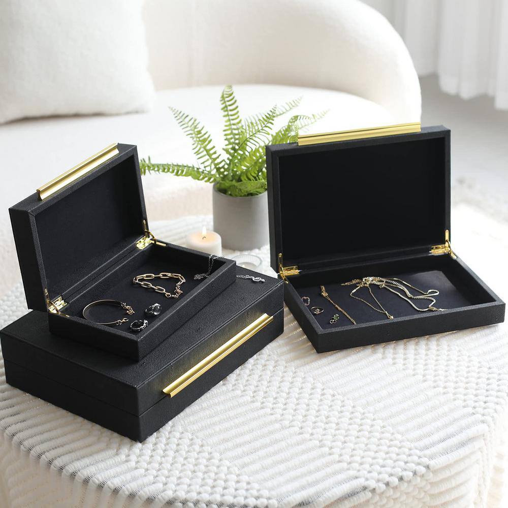 Black Faux Leather Rectangular Decorative Storage Boxes with Gold Handles, Set of 3