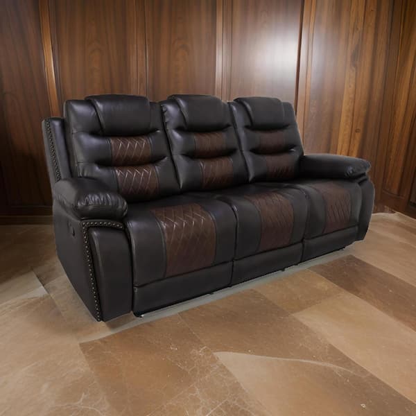 Benjara 84.64 in. Pillow Top Arm Faux Leather Rectangle Dual Recliners Sofa in Brown and Silver
