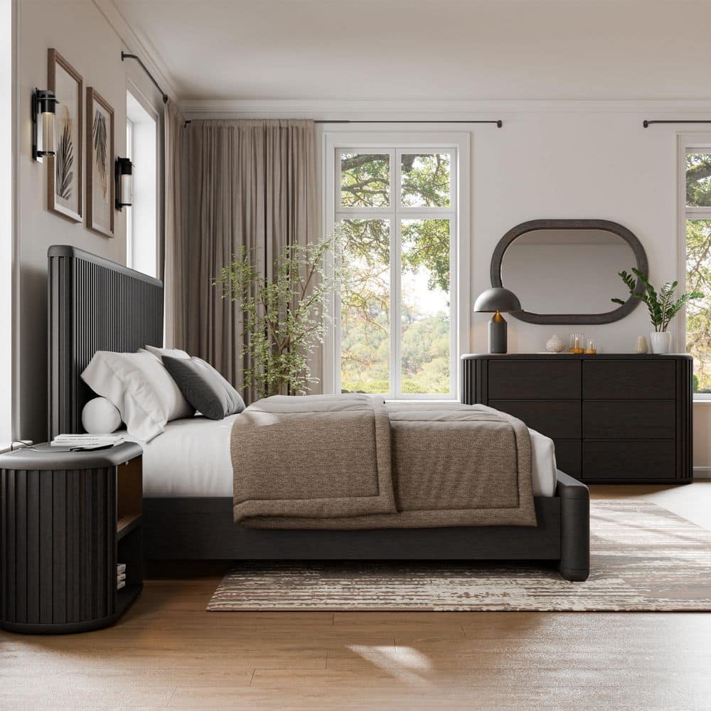 Eastbrook 4-Piece Modern Black Acacia Wood Fluted King Panel Bedroom Set with Open Shelf Nightstand and Dresser/Mirror price history on PriceWatchPro