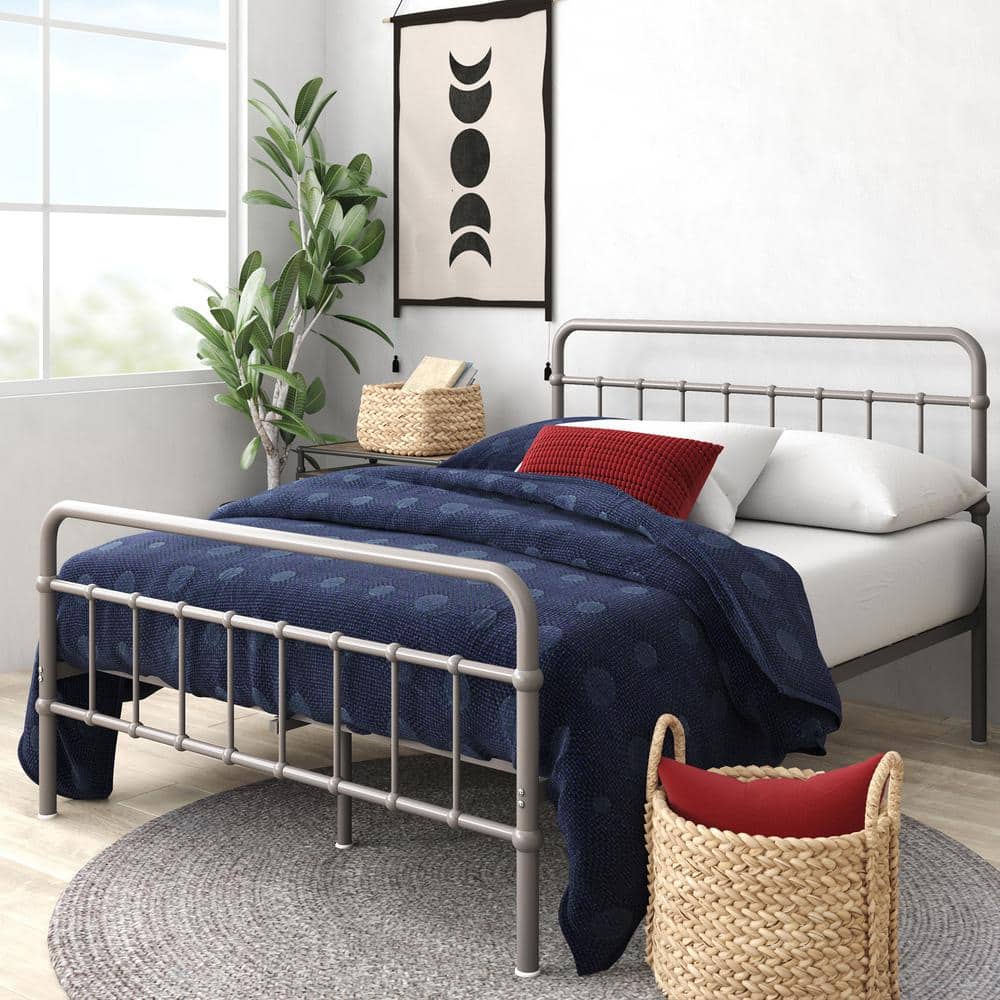 Florence Gray Metal Twin Platform Bed Frame with Spindle Headboard