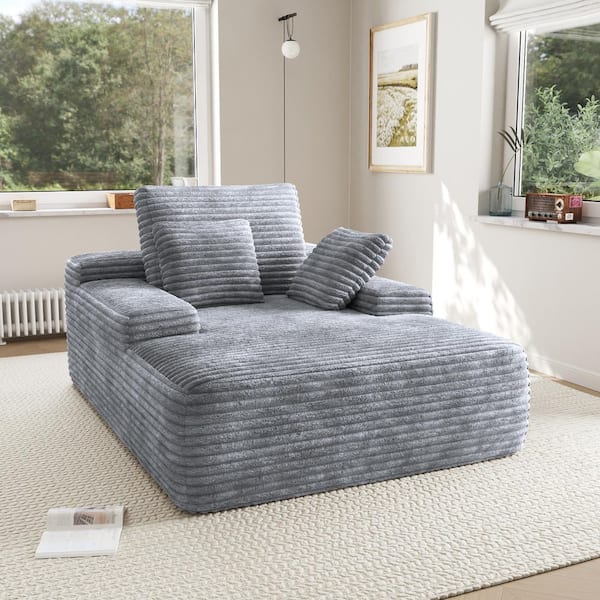 Magic Home Sleeper Sofa Chair, 67 in. Gray Corduroy Memory Foam Oversized Square Arm Chaise Lounge with 2 Pillows, No Assembly