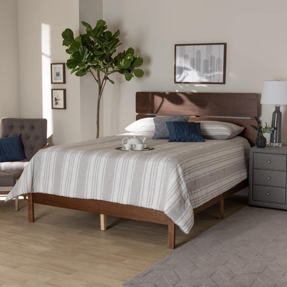 Modern Walnut Brown Full/Double Wood Upholstered Bed with Slatted Headboard