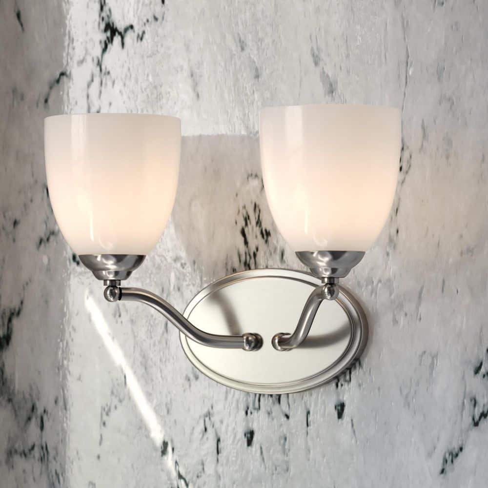 Bellwood 13.5 in. 2-Light Satin Nickel Vanity Light with White Frosted Glass Shade, LED Compatible Bathroom Wall Sconce price history on PriceWatchPro