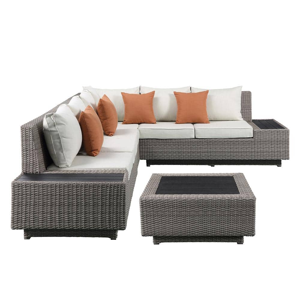 Salena Beige Fabric and Gray Wicker Patio Sectional with Cocktail Table