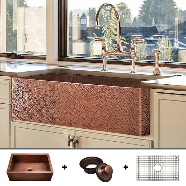 Fossil Blu Luxury 33 in. Heavy 12-Gauge Copper Farmhouse Kitchen Sink, Flat Front, Single Bowl, Includes Grid and Flange