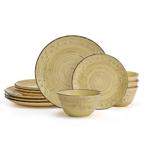 Trellis Sunflower 12-Pieces Stoneware Dinnerware Set, Yellow, Service for 4