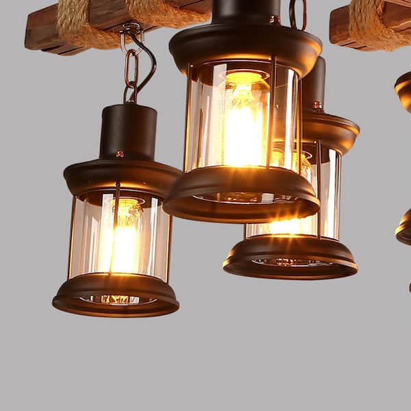 OUKANING 39 in. 8-Light Vintage Industrial Brown Wooden Farmhouse