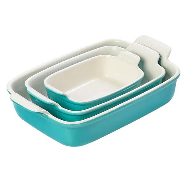 3-Piece Turquoise Ceramic Rectangular Baking Dish Set with Handles, Oven Safe, Stackable, Easy to Clean