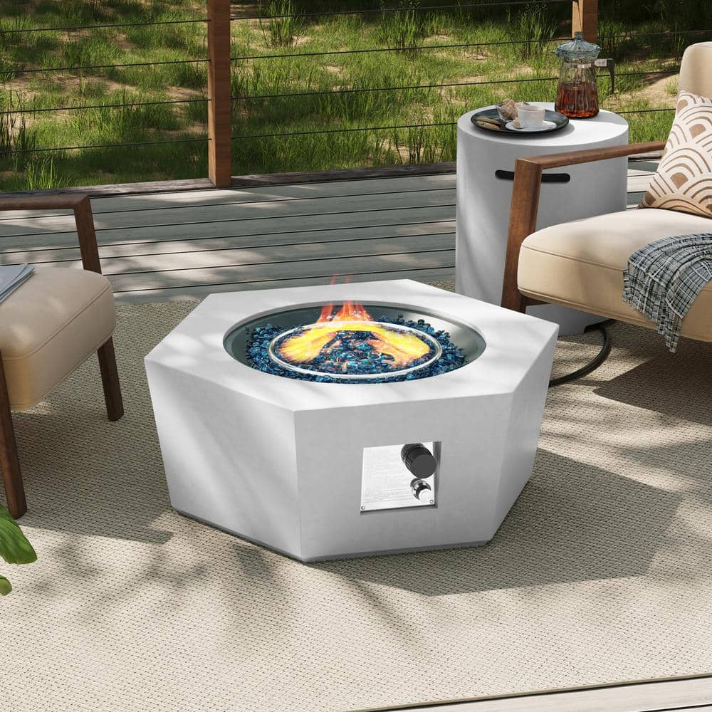 41 in. 50,000 BTU Porcelain White Dark Gray Hexagon Concrete Outdoor Propane Gas Fire Pit Table with Propane Tank Cover -  UPHA, 41MGO-6BX-KCB