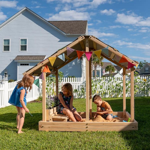 Funphix Dig n' Play Outdoor Wooden Sandbox Playhouse with Bench and Flower  Planter, Sand Pit for Kids WPHX-2204 - The Home Depot