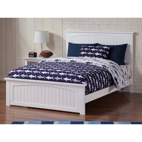 Nantucket White Full Solid Wood Frame Low Profile Platform Bed with Matching Footboard and USB Device Charger