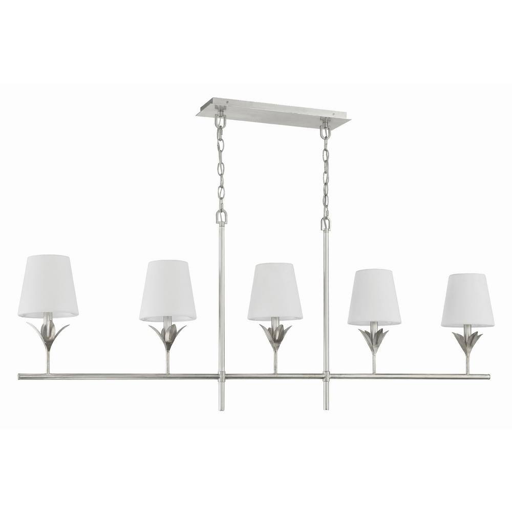 Antique Silver 5-Light Chandelier with White Silk Shades