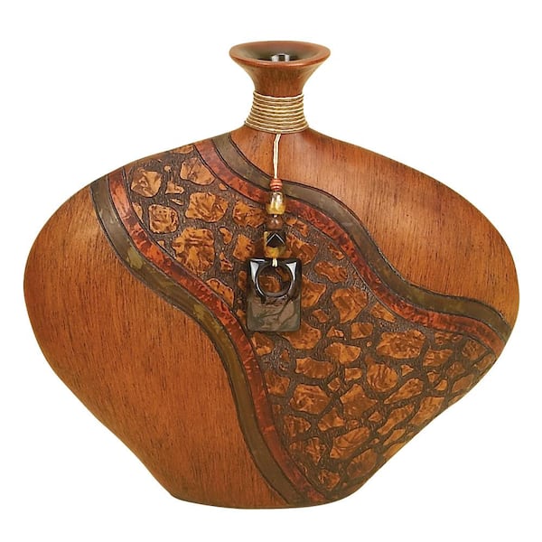 Litton Lane 14 in. Brown Polystone Decorative Vase with Embossed Details