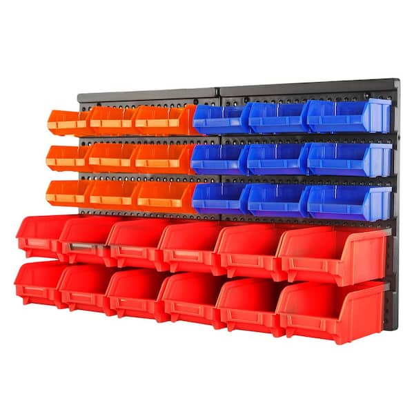 Heavy-Duty 17 in. Red Blue Orange Plastic Customizable Multifunctional Tool Organizer Wall Rack with 30-Bins