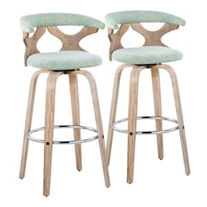 Gardenia 29.25 in. Lt. Green Fabric, White Washed Wood and Chrome Metal Fixed-Height Bar Stool Round Footrest (Set of 2)