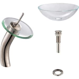 Glass Vessel Sink in Crystal Clear with Waterfall Faucet in Satin Nickel
