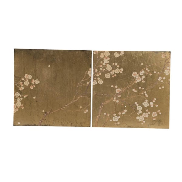 Benjara Gold, Brown and Gray Wooden Framed Divided Floral Design Wall Art (Set of 2)