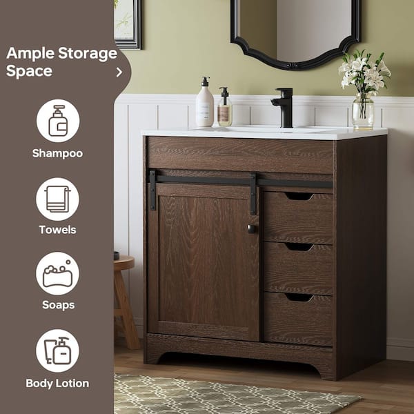 Eon 31 in. W Single Sink Walnut Freestanding Bath Vanity with White Engineered Solid Surface Top Unassembled