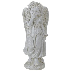 9.75 in. Ivory Standing Angel with Floral Crown Outdoor Garden Statue