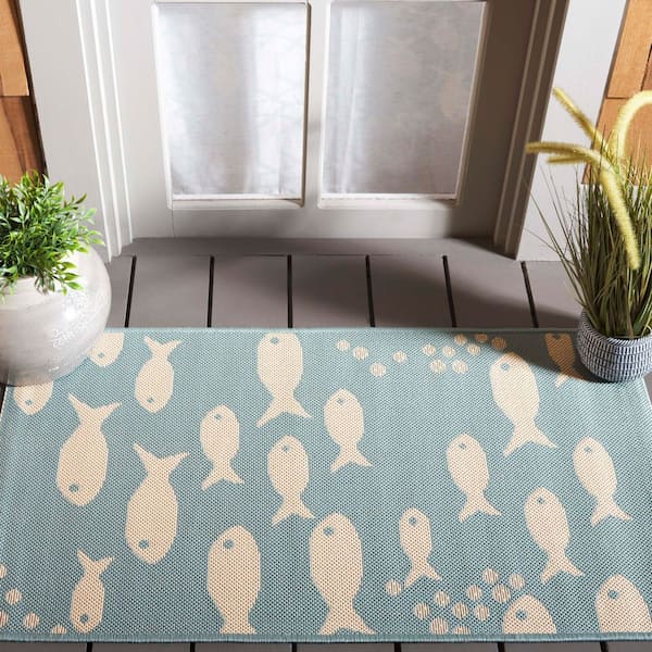 Courtyard Aqua/Beige 2 ft. x 4 ft. Novelty Fish Indoor/Outdoor Area Rug