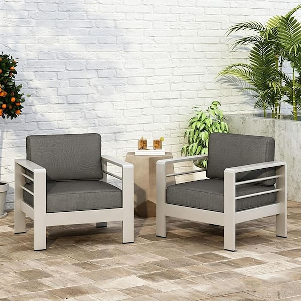 Aluminum Outdoor Patio Club Chair with 6 in. Gray Polyester Cushions, Set of 2