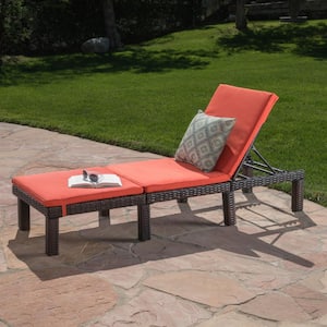 Caesar Multi-Brown Faux Rattan Outdoor Chaise Lounge with Orange Cushion