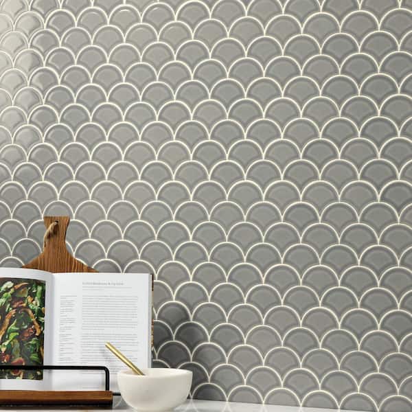Revalia Remix Sublime Gray 13 in. x 13 in. Glossy Ceramic Fan Mosaic Wall Tile (10.2 sq. ft. /case)