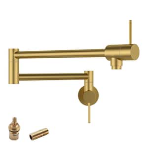 Double Handle Wall Mount Pot Filler with Swing Arm in Brushed Gold