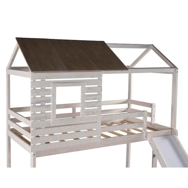 Angel Sar Antique White Twin Bunk Bed with 2-Storage Drawers and Slide, House-Shaped Wood Bunk Bed