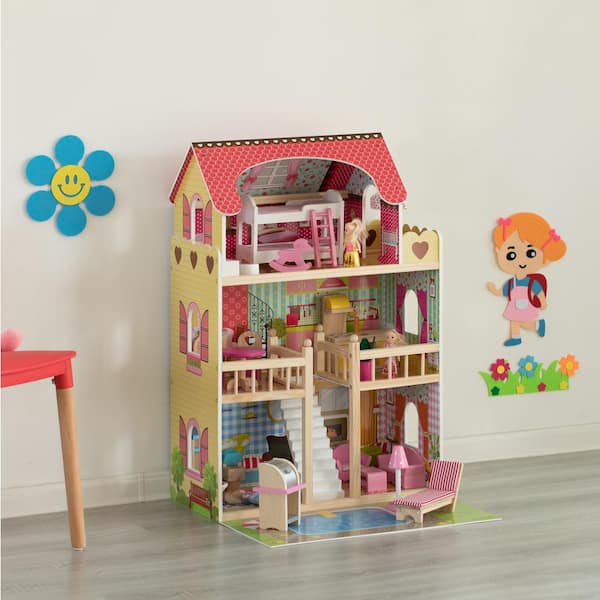 bluse Energize lejlighed Gardenised Wooden Doll House with Toys and Furniture Accessories with LED  Light for Ages 3 plus QI004210 - The Home Depot