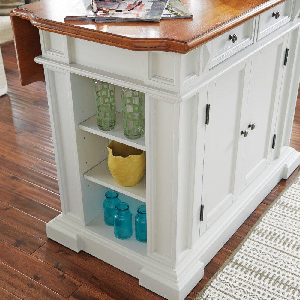 Americana Off-White Distressed Oak Kitchen Island Set with Stools