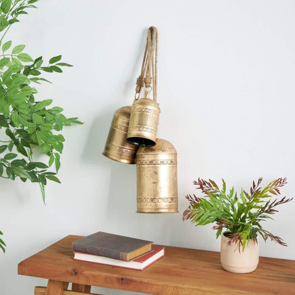 5 in. x 10 in. Gold Metal Tibetan Inspired Cylindrical Decorative Cow Bell with Jute Hanging Rope (3-Pack) price history on PriceWatchPro