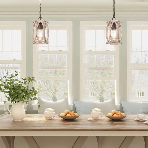 Farmhouse Wood Pendant 6 in. W 1-Light Brown Drum Cage Rustic Island Pendant Light for Kitchen, Living Room, Foyer