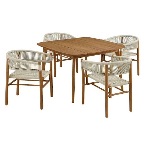 Vienna 5-Piece Outdoor Patio Teak and Rope Dining Set with Curved-Back Armchairs in Natural Natural