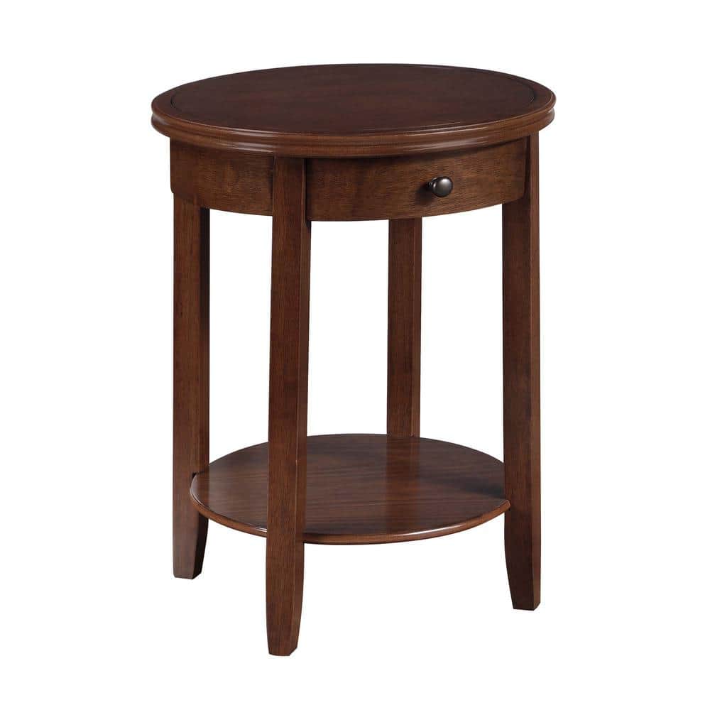 Espresso Round Wood End Table with Drawer and Shelf