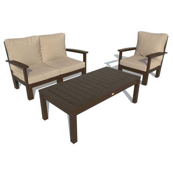 Highwood Bespoke Deep Seating 3-Piece Plastic Outdoor Loveseat, Chair, and Conversation Table and Dune Cushions