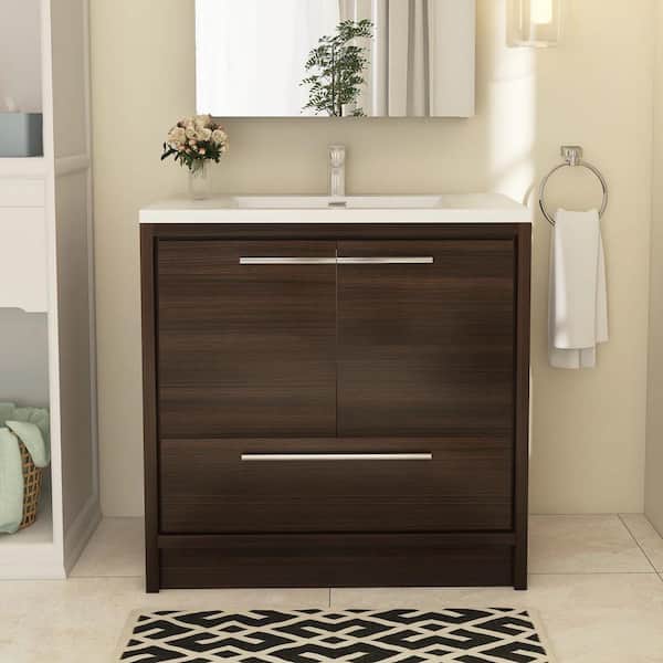 Boosicavelly 36 in. W x 20 in. D x 36 in. H Freestanding Bath Vanity in Grey Oak with White Solid Surface Top