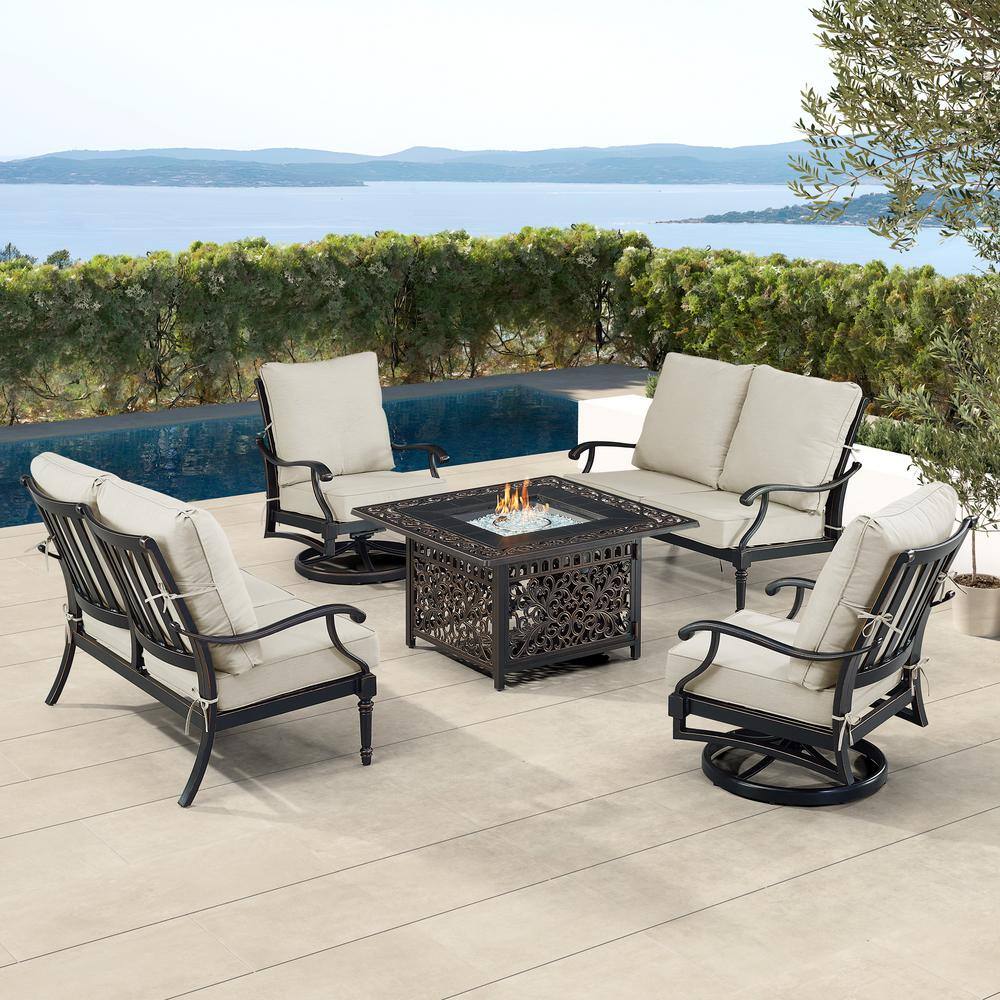 Black 5-Piece Aluminum Patio Fire Table Set with Light Grey Cushions price history on PriceWatchPro