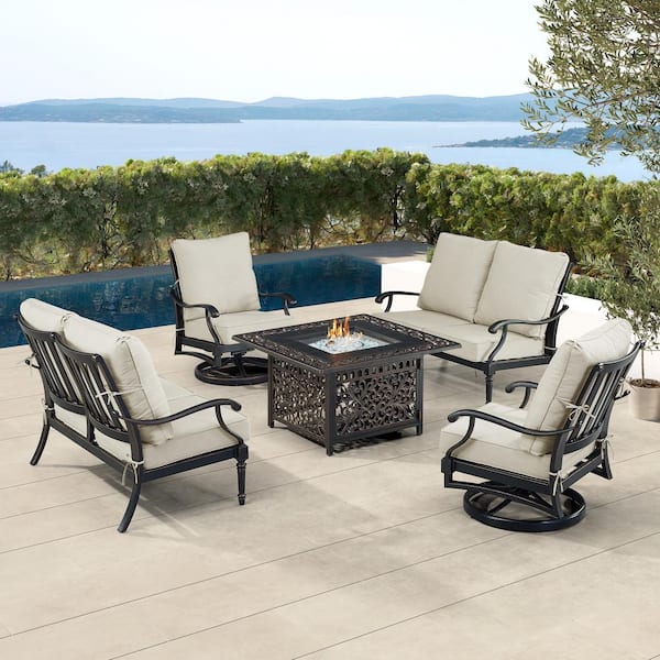 Oakland Living Black 5-Piece Aluminum Patio Fire Table Set with Light Grey Cushions