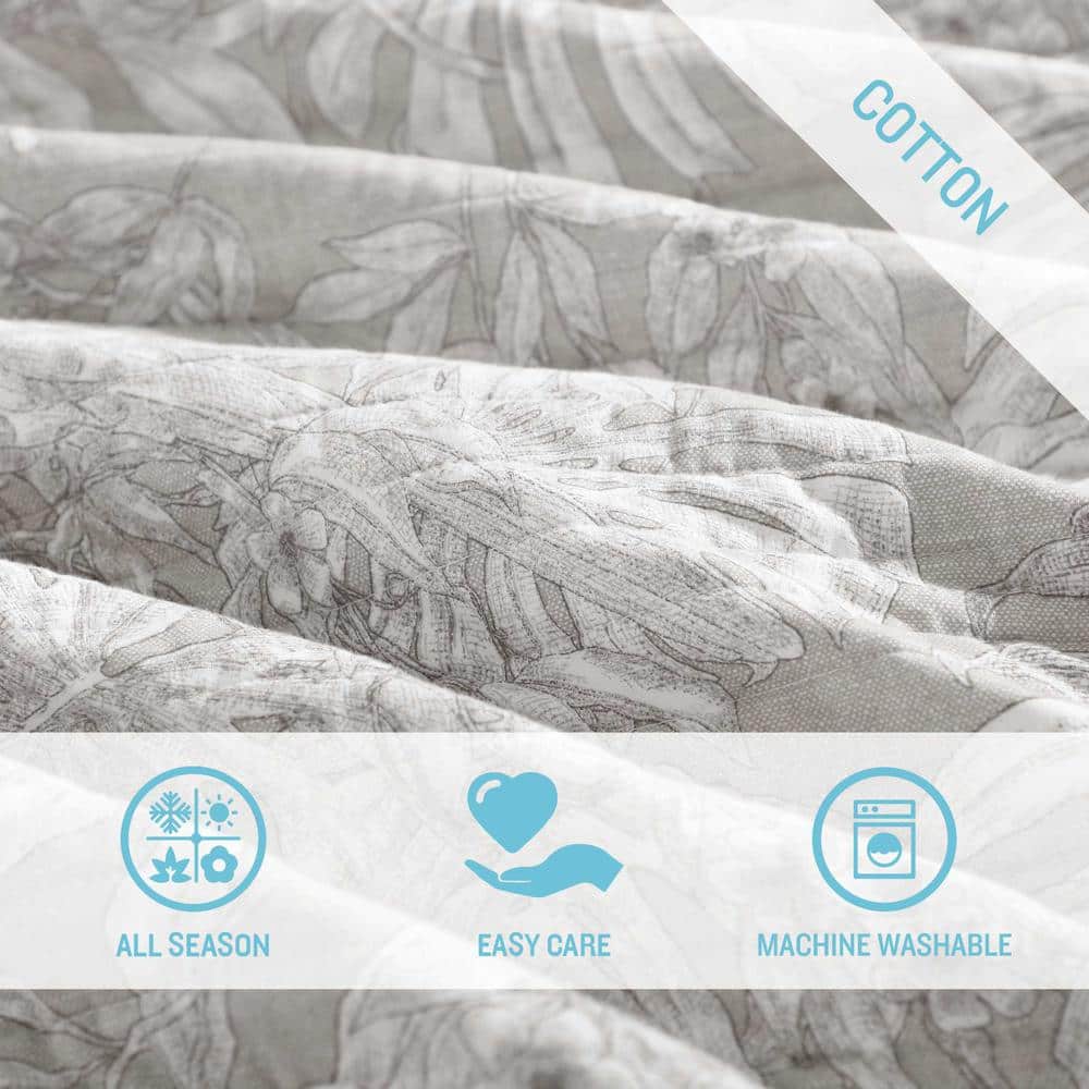Gray Twin Cotton Reversible Quilt Set with Plant Motif