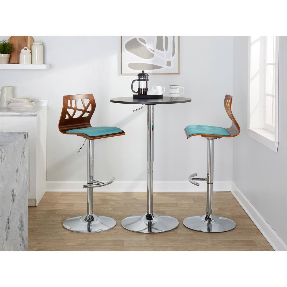 Teal and Walnut Adjustable Swivel Bar Stools with Metal Base