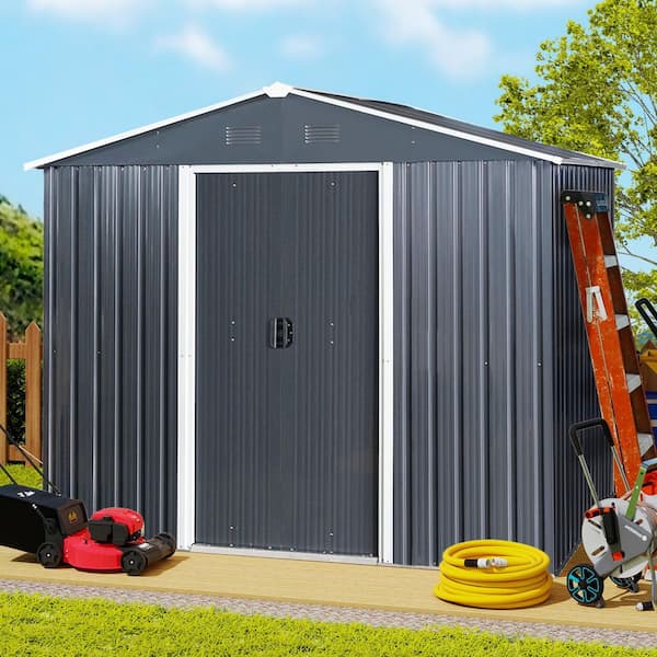 ToolCat 8 ft. x 6 ft. Outdoor Metal Storage Shed Garden Tool Room with Floor Base and Sliding Doors, Black (39 sq. ft.)