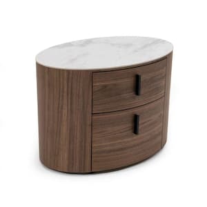 27 in. 2-Drawer Brown and White Ceramic Faux Marble Nightstand