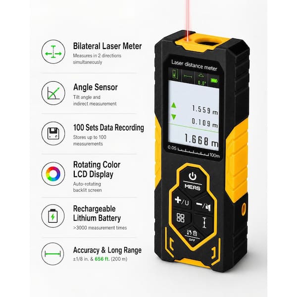 656 ft. Bidirectional Laser Distance Measure with Multi-Modes, Rechargeable Battery and Auto-Rotating Display