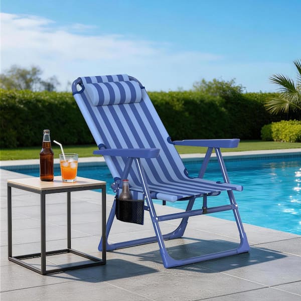 Folding Beach Chair Cup Holder, High-Back Recliner, 350 lbs. Heavy-Duty Metal Outdoor Chair Shoulder Straps