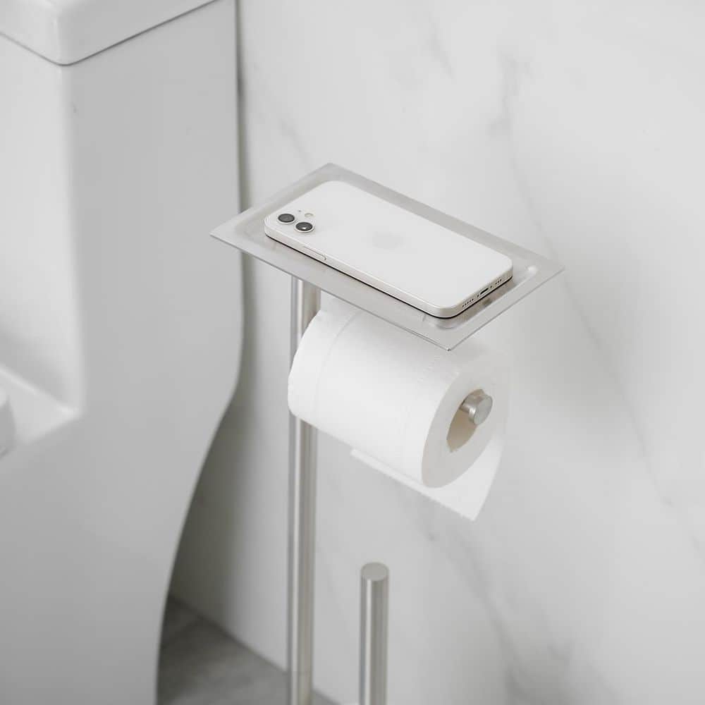 Brushed Nickel Freestanding Toilet Paper Holder with Storage Shelf