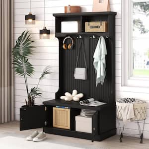 4-in-1 Design Black Hall Tree with 2 Open Shelves, 4 Hooks, Storage Cabinet