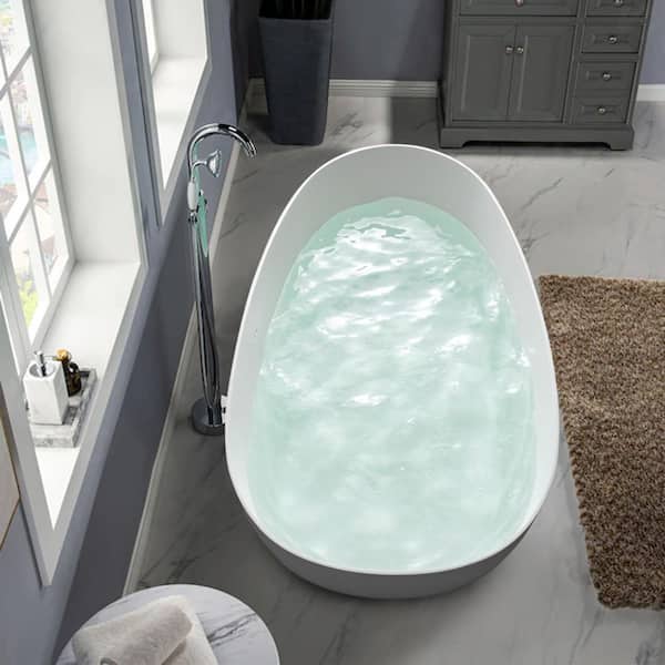 WELLFOR 59 in. x 30.71 in. Solid Surface Flatbottom Soaking Bathtub with Center Drain in White