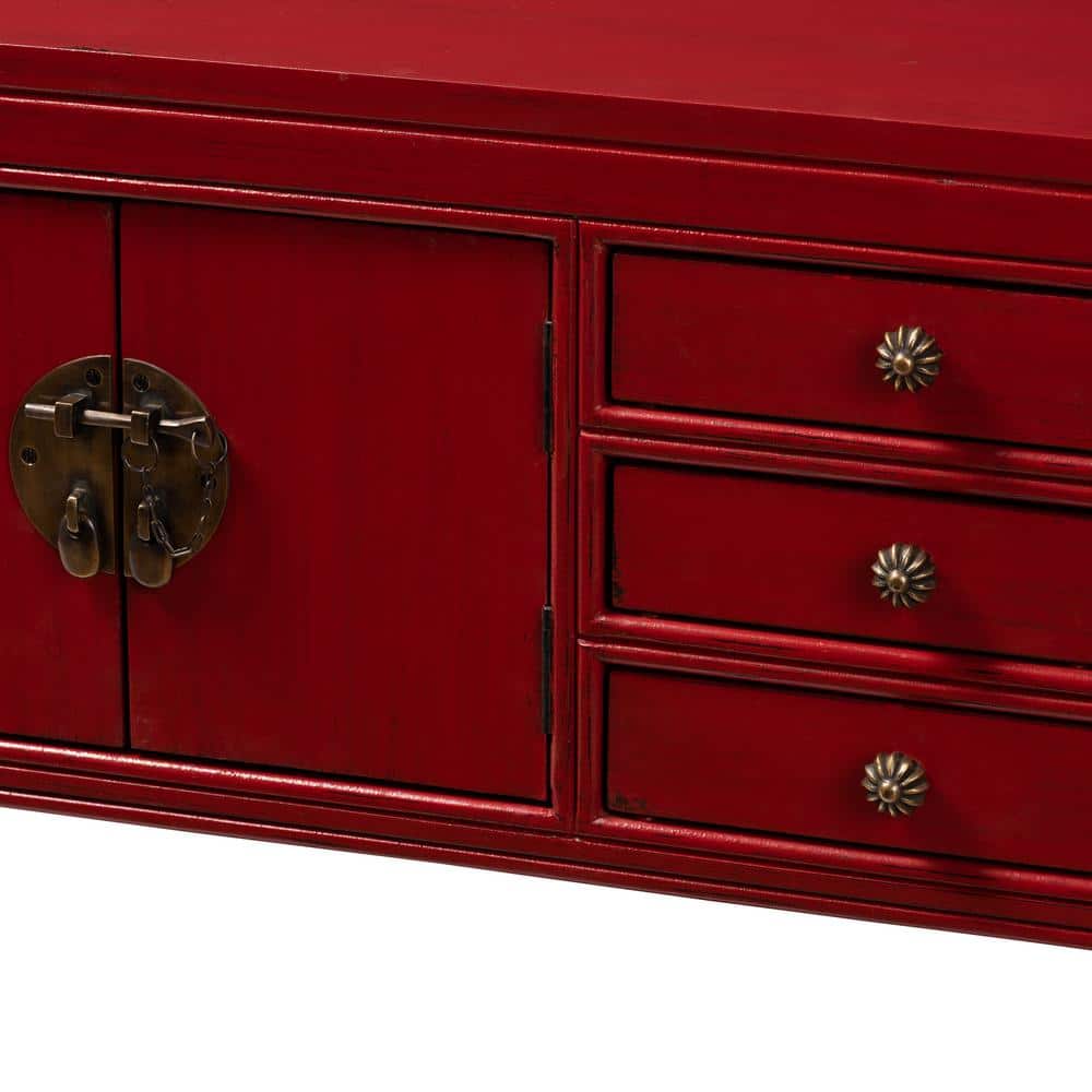 Antique Red Bayur Wood Console Table with Bronze Accents and Storage
